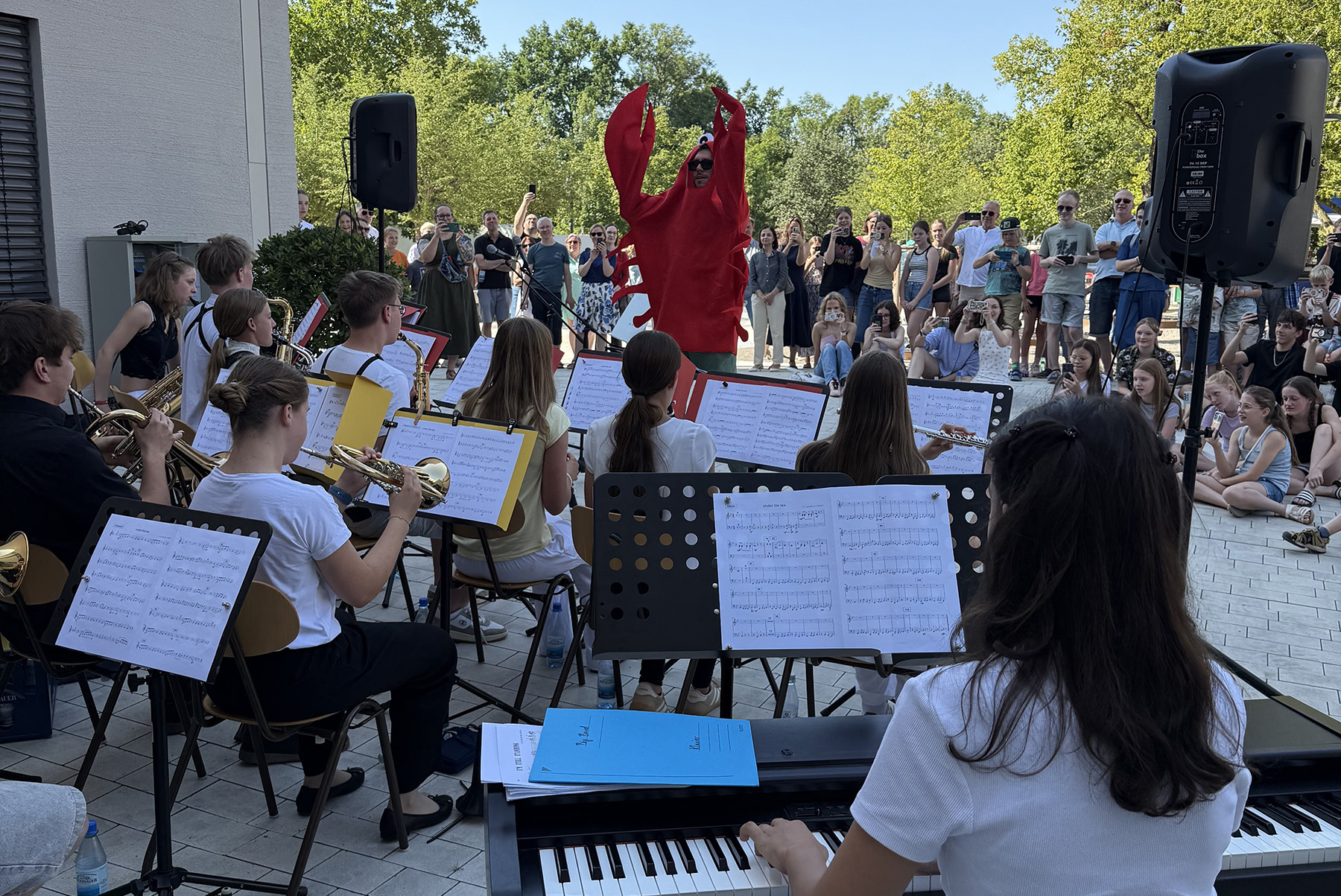 Schul-Big-Band von hinten, der Leiter in einem roten Vogelkostüm