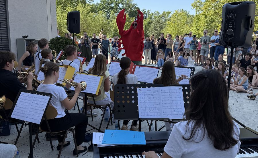 Schul-Big-Band von hinten, der Leiter in einem roten Vogelkostüm